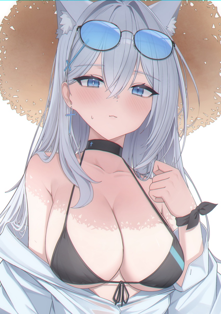 1girl absurdres animal_ear_fluff animal_ears bare_shoulders bikini black-framed_eyewear black_bikini black_choker blue-tinted_eyewear blue_archive blue_eyes blush breasts choker cleavage closed_mouth collarbone commentary cross cross_earrings cross_hair_ornament earrings grey_hair hair_between_eyes hair_ornament hand_up highres jewelry large_breasts long_hair looking_at_viewer off_shoulder orange-tinted_eyewear pang-yo shiroko_(blue_archive) shiroko_terror_(blue_archive) small_sweatdrop solo swimsuit tinted_eyewear very_long_hair white_background wolf_ears