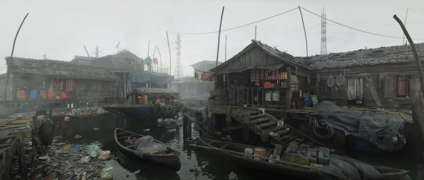 boat building canal commentary day english_commentary highres house no_humans original outdoors overcast photorealistic pier power_lines realistic scenery sky stairs transmission_tower trash variant_set watercraft yamadera_kei