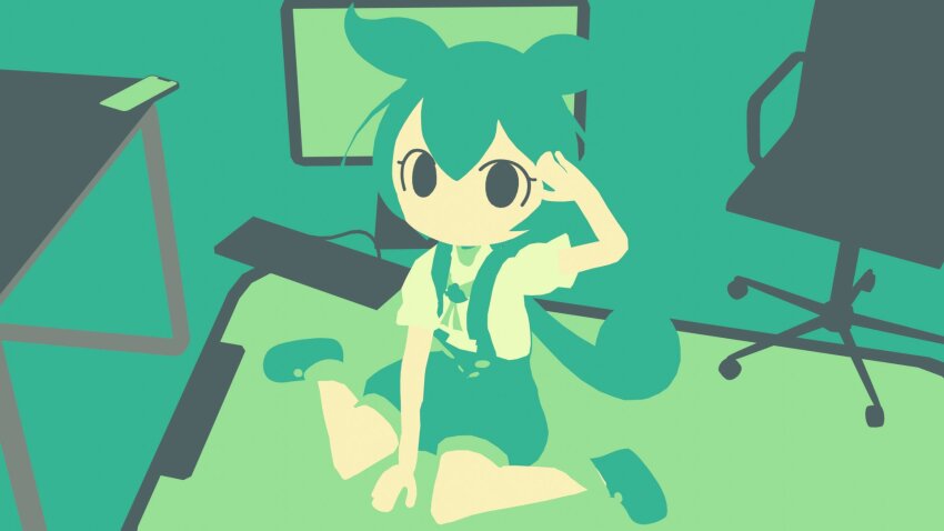 1girl blending bow bowtie cellphone chair commentary_request computer_keyboard flat_color full_body green_background green_bow green_bowtie green_hair green_shirt green_shorts green_theme highres himatsubushi_(himatsu73569953) limited_palette long_hair looking_at_viewer low_ponytail monitor no_lineart no_mouth office_chair phone ponytail shirt shoes shorts sitting smartphone socks solo suspender_shorts suspenders swivel_chair table voiceroid voicevox wariza zundamon