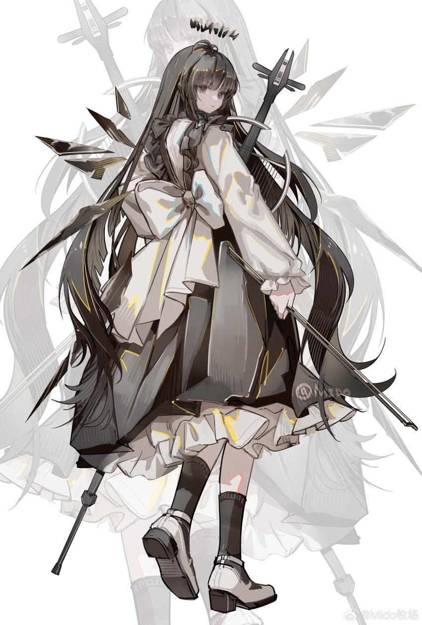 1girl absurdres alternate_costume arknights artist_name back_bow black_dress black_eyes black_hair black_halo black_socks blunt_bangs bow bow_(music) cello dark_halo detached_wings dress energy_wings enmaided expressionless frilled_dress frills from_behind full_body halo highres holding holding_bow_(music) instrument kneehighs large_bow long_dress long_hair long_sleeves looking_at_viewer maid mido_(mido_chen) shoes simple_background socks solo standing virtuosa_(arknights) white_background white_bow white_shoes wings zoom_layer