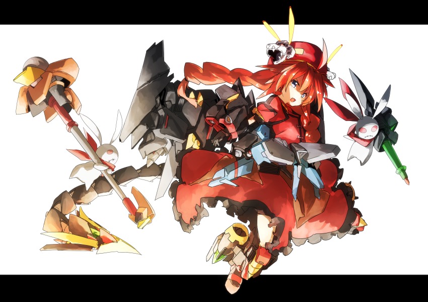 1girl ahoge armor beret black_gloves blue_eyes braid brown_footwear bygddd5 commentary_request dress female_focus flying frown genesic_gaogaigar gloves graf_eisen greaves hair_ornament hat highres jet_engine letterboxed long_hair long_skirt looking_at_viewer lyrical_nanoha magical_girl mahou_shoujo_lyrical_nanoha mahou_shoujo_lyrical_nanoha_a&#039;s open_mouth puffy_short_sleeves puffy_sleeves rabbit_hair_ornament red_dress red_hair red_hat red_shirt red_skirt shirt short_sleeves skirt skirt_set solo stuffed_animal stuffed_rabbit stuffed_toy twin_braids vita_(nanoha) white_background yuusha_ou_gaogaigar_final yuusha_series