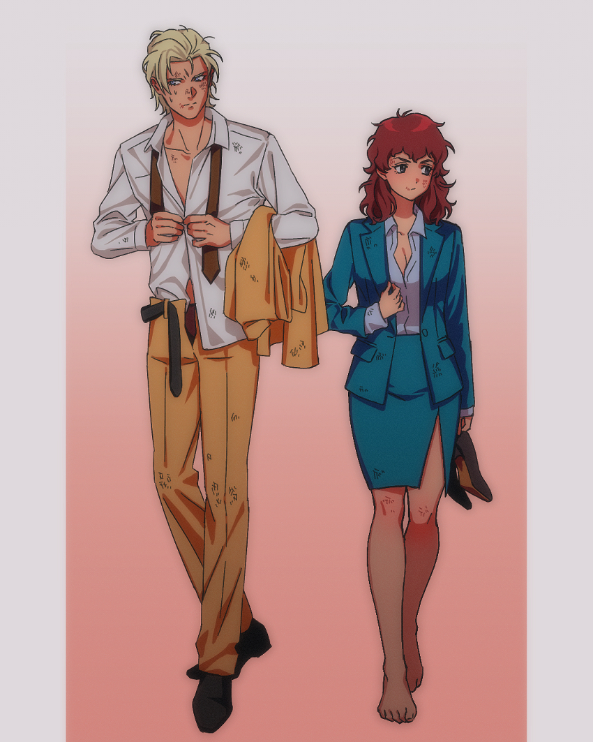 1boy 1girl amuro_ray averting_eyes barefoot belt black_belt black_shoes blonde_hair blue_eyes blue_jacket blue_sky breasts brown_hair brown_necktie char&#039;s_counterattack char_aznable cleavage closed_mouth collared_shirt commentary_request dirty dirty_clothes dirty_face dressing facing_viewer formal_clothes full_body genderswap genderswap_(mtf) gradient_background gundam hetero high_heels highres holding holding_jacket holding_shoes holding_unworn_clothes implied_after_sex jacket long_hair necktie pants pillarboxed pink_background pumps shirt shoes short_hair simple_background skirt skirt_suit sky suit suit_jacket undone_necktie unworn_jacket unworn_shoes white_shirt yellow_jacket yellow_pants yy0880yy