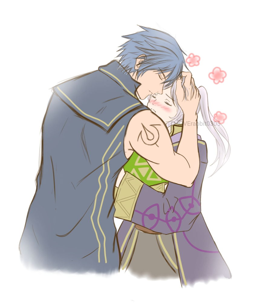 1boy 1girl blue_hair blush book brand_of_the_exalt breasts chrom_(fire_emblem) couple embarrassed eyelashes female_robin_(fire_emblem) fire_emblem fire_emblem_awakening flower hand_on_another&#039;s_head highres holding holding_book hood hood_down hugging_book hugging_object intelligent_systems kiss kissing_forehead long_coat long_hair long_sleeves medium_breasts moverabbit0305 muscular_arms no_gloves shirt short_hair sidelocks sleeveless sleeveless_shirt sleeves_past_wrists standing swept_bangs twintails white_background white_hair wide_sleeves yellow_eyes