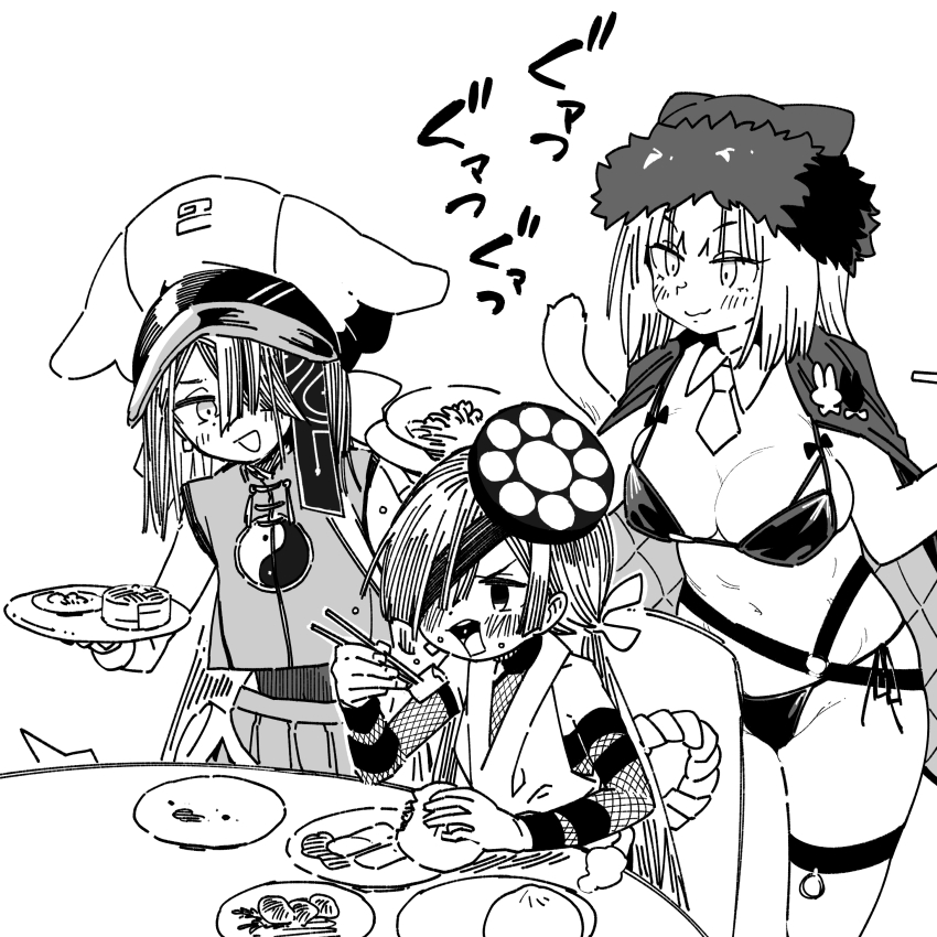 3girls absurdres animal_ears arm_strap bare_shoulders bikini body_markings breasts cat_ears cat_girl cat_tail cleavage crop_top detached_collar dobrynya_nikitich_(fate) dobrynya_nikitich_(swimsuit_lancer)_(first_ascension)_(fate) eating eyepatch fate/grand_order fate_(series) fishnets food fur-trimmed_headwear fur_trim hair_ornament hair_over_one_eye hat highres jacket jacket_on_shoulders japanese_clothes kimono large_breasts long_hair miniskirt mochizuki_chiyome_(fate) monochrome multiple_girls navel necktie open_mouth plate rope shirt short_hair skirt sleeveless sleeveless_kimono sleeveless_shirt small_breasts swimsuit table tail translation_request waira xu_fu_(fate) xu_fu_(swimsuit_avenger)_(first_ascension)_(fate) yin_yang yin_yang_print