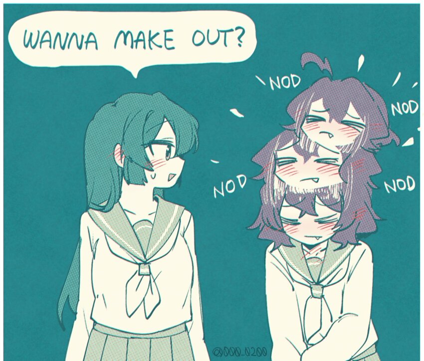 2girls afterimage ahoge an_sin blush brown_hair closed_eyes commentary_request english_text fang green_hair hiiragi_utena korean_commentary long_hair looking_at_another mahou_shoujo_ni_akogarete medium_hair meme minakami_sayo multiple_girls neckerchief nodding pleated_skirt sail school_uniform serafuku simple_background skirt speech_bubble twitter_username upper_body wanna_make_out?_(meme) yuri