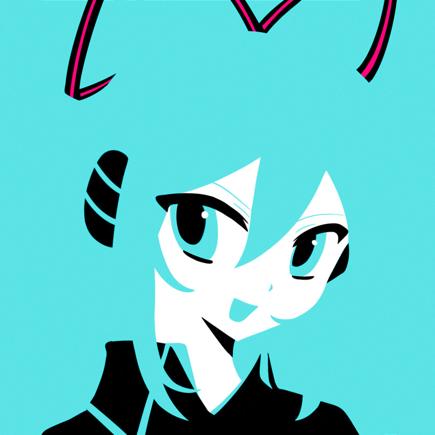 1girl black_ribbon black_shirt blending blue_background blue_eyes blue_hair chinese_commentary collared_shirt commentary_request feiwusheng flat_color hair_ribbon hatsune_miku hatsune_miku_(if) headphones highres looking_at_viewer open_mouth pink_ribbon portrait prototype_design ribbon shirt simple_background smile solo two-tone_ribbon vocaloid
