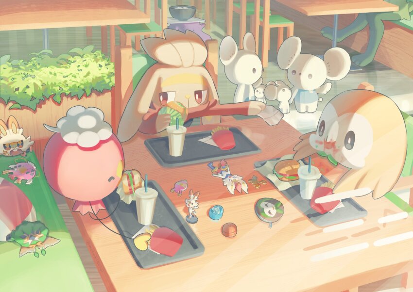 bowl bright_pupils burger chair cinderace commentary_request cup dartrix decidueye disposable_cup ditto drifblim drifloon eating food food_on_face food_wrapper french_fries gen_1_pokemon gen_4_pokemon gen_7_pokemon gen_8_pokemon highres maushold maushold_(family_of_four) mokukitusui nintendo pokemon raboot rowlet scorbunny table themed_object tray white_pupils