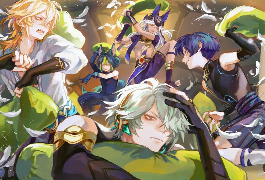 5boys ahoge alhaitham_(genshin_impact) animal_ear_fluff animal_ears aqua_eyes arm_up arms_up bare_shoulders belt black_gloves black_hair black_pants black_pantyhose black_socks blonde_hair blue_belt blue_gloves blue_hair blue_pants blue_shirt blunt_ends cable closed_mouth commentary cyno_(genshin_impact) dark-skinned_male dark_blue_hair dark_skin earclip earrings elbow_gloves english_commentary fake_animal_ears feathers fox_boy fox_ears fox_tail genshin_impact gloves gold_earrings gold_necklace gold_ring gold_trim green_eyes green_hair grey_hair hair_between_eyes hair_over_one_eye hakama hakama_shorts hand_on_own_head hand_up helmet highres holding holding_pillow indoors jackal_ears japanese_clothes jewelry jumping kaveh_(genshin_impact) leg_warmers lips long_hair long_sleeves looking_at_another looking_down looking_to_the_side lying male_focus mandarin_collar medium_hair multicolored_hair multiple_boys necklace no_headwear no_shoes on_stomach one_eye_closed open_mouth orange_eyes orange_pupils pants pantyhose pillow pillow_fight puffy_long_sleeves puffy_sleeves purple_belt purple_eyes purple_shirt purple_shorts red_eyes ring scaramouche_(genshin_impact) shirt short_hair short_sleeves shorts single_bare_shoulder sitting sleepover sleeveless sleeveless_shirt smile socks standing tail teeth thijikoy tighnari_(genshin_impact) tongue two-tone_hair v-shaped_eyebrows wanderer_(genshin_impact) white_feathers white_hair white_shirt