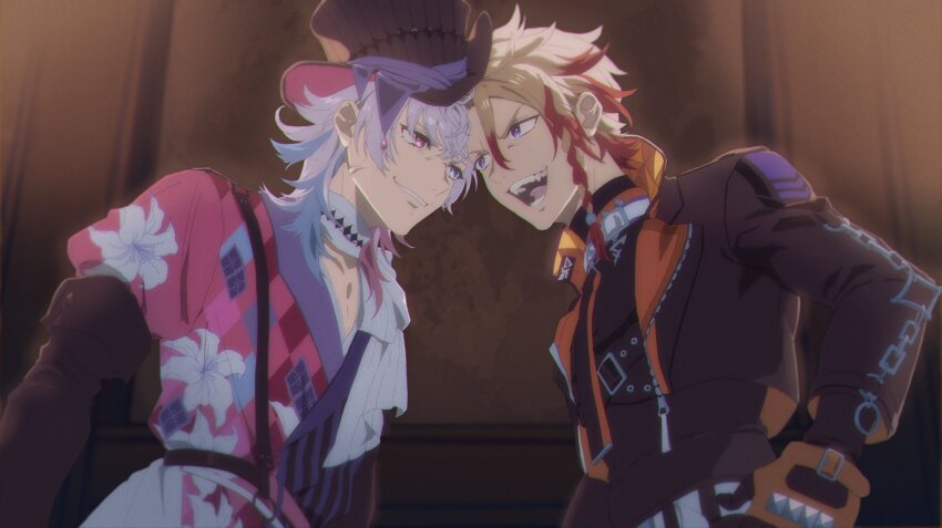 2boys absurdres akeemi-chan angry argyle_clothes argyle_coat axel_syrios axel_syrios_(1st_costume) black_gloves black_jacket blonde_hair blue_eyes blue_hair braid coat collar diamond_choker elbow_gloves floral_print gavis_bettel gavis_bettel_(1st_costume) gloves grey_hair hair_between_eyes hat headbutt heterochromia highres holostars holostars_english jacket lily_print looking_at_another male_focus medium_hair multicolored_coat multicolored_hair multiple_boys open_mouth pink_coat pink_eyes pink_hair purple_coat red_hair scarf side_braid smile streaked_hair striped_coat teeth top_hat v-shaped_eyebrows veins vertical-striped_coat virtual_youtuber white_scarf