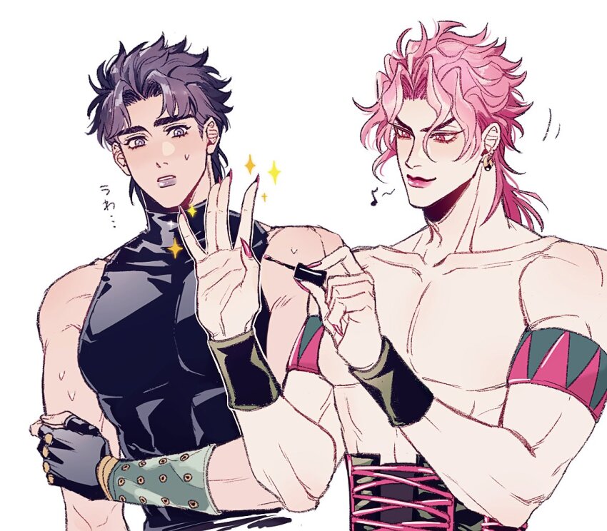 2boys applying_manicure corset dio_brando earrings fingerless_gloves gloves hako_iix07 jewelry jojo_no_kimyou_na_bouken jonathan_joestar lips looking_at_another male_focus multiple_boys muscular muscular_male musical_note nail_polish nail_polish_brush official_alternate_costume painting_nails parted_lips pectorals phantom_blood pink_eyes pink_hair pink_lips pink_nails purple_hair short_hair smile sparkle spoken_musical_note sweatdrop wristband