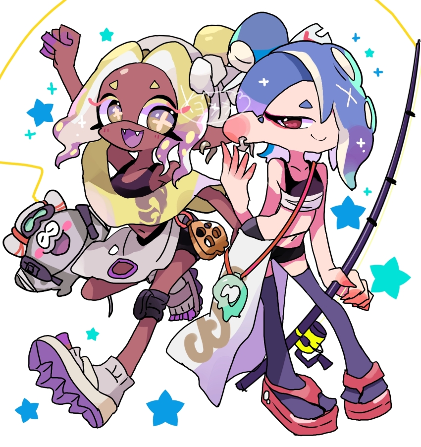 1boy 2girls big_man_(splatoon) black_shirt black_shorts blonde_hair blue_hair blue_socks cephalopod_eyes chest_sarashi clenched_hand colored_eyelashes colored_tongue crop_top dark-skinned_female dark_skin earrings fangs fishing_rod frye_(splatoon) full_body hair_bun hair_over_one_eye highres holding holding_fishing_rod inkling jewelry long_hair long_pointy_ears looking_at_viewer manta_ray multiple_earrings multiple_girls nintendo octoling official_alternate_costume open_mouth pointy_ears purple_tongue red_eyes red_shoes sarashi see-through_clothes see-through_shawl shawl shirt shiver_(splatoon) shoes shorts simple_background smile socks splatoon_(series) splatoon_3 standing star_(symbol) suction_cups symbol-shaped_pupils tentacle_hair white_background white_shoes yellow_eyes yoshishi_(yosisitoho)
