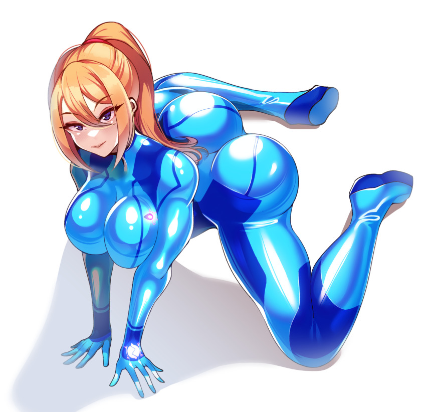 1girl arm_support ass blonde_hair bodysuit breast_press breasts eyelashes eyeshadow highres large_breasts looking_at_viewer makeup metroid mole mole_under_mouth nintendo samus_aran skin_tight volyz zero_suit
