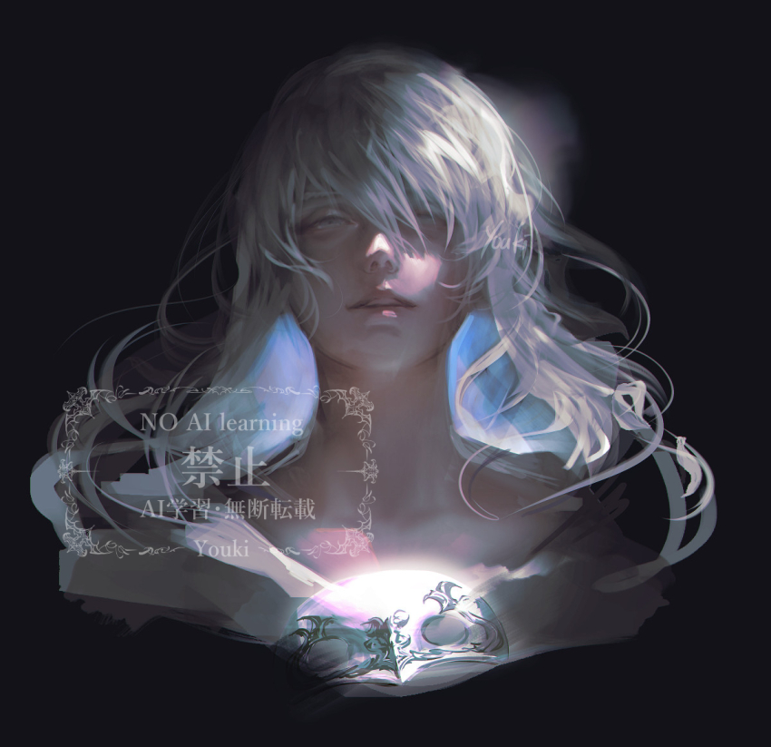 1boy androgynous artist_name black_background blue_eyes final_fantasy final_fantasy_xiv looking_at_viewer male_focus mask mask_around_neck medium_hair portrait realistic simple_background solo sophist&#039;s_robe_(ff14) themis_(ff14) watermark white_hair youki_(gdn)