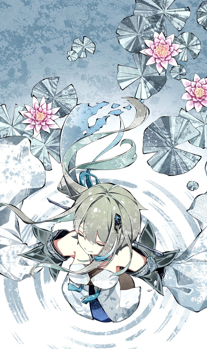 1girl aqua_hair bare_shoulders cha_hanare chinese_hairpin closed_eyes closed_mouth colored_inner_hair commentary detached_sleeves dress flower from_above genshin_impact grey_hair guizhong_(genshin_impact) hair_between_eyes hair_ornament hair_stick halter_dress halterneck highres lily_pad long_hair long_sleeves lotus multicolored_hair pink_flower ripples sleeveless sleeveless_dress smile solo tassel tassel_hair_ornament two-tone_hair white_dress white_sleeves wide_sleeves
