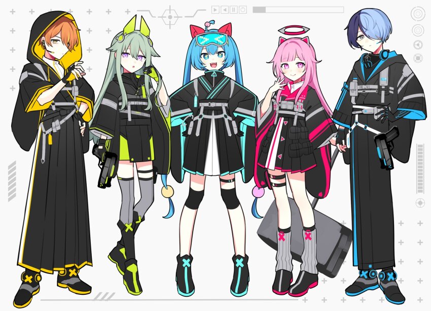 &gt;_&lt; 2boys 3girls adapted_costume animal_ears aoyagi_touya black_footwear black_gloves black_hakama black_kimono blue_hair blush boots cat_ears chest_harness circuit close_game/offline_(project_sekai) closed_mouth commentary_request glove_cutout dress earphones expressionless eyewear_on_head fingerless_gloves full_body gloves glowing glowing_eyes green_hair grey_eyes grey_leggings gun hair_flaps hair_over_one_eye hakama hakama_pants halo handgun harness hatsune_miku headset highres hood hood_up hooded_kimono japanese_clothes kimono kusanagi_nene leggings long_hair long_sleeves mechanical_ears mechanical_halo microphone multicolored_hair multiple_boys multiple_girls ootori_emu orange_hair pants pouch project_sekai shinonome_akito shoes sidelocks smile split-color_hair twintails very_long_hair vocaloid waka_(wk4444) weapon white_dress wide_sleeves wonderlands_x_showtime_(project_sekai) wonderlands_x_showtime_miku