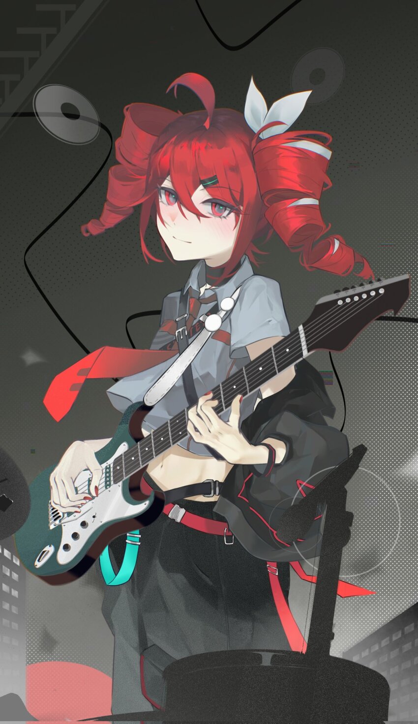 1girl amplifier belt black_background black_belt black_choker black_pants blue_belt bow choker cropped_shirt electric_guitar feet_out_of_frame fingernails grey_shirt guitar guyewwk hair_between_eyes hashtag-only_commentary highres holding holding_guitar holding_instrument instrument kasane_teto light_smile looking_at_viewer mae_no_hanashi_(vocaloid) midriff music necktie pants playing_instrument red_bow red_nails red_necktie shirt short_sleeves solo synthesizer_v