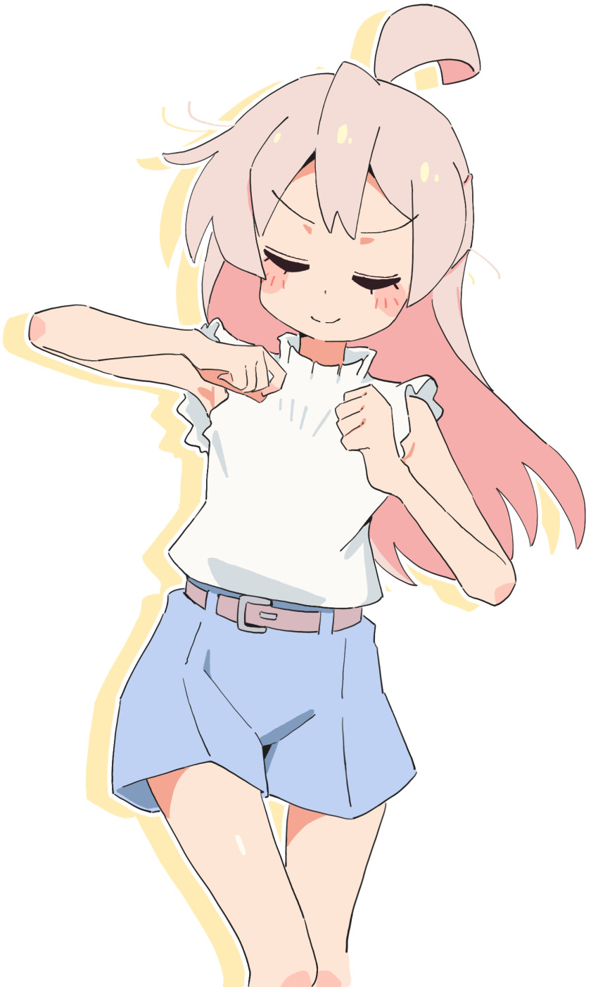 1girl ahoge bare_arms belt blue_shorts blush_stickers clenched_hands closed_eyes commentary cowboy_shot dot_nose drop_shadow highres long_hair meme noyama_takenoko onii-chan_wa_oshimai! oyama_mahiro pink_hair shikairo_days_dance_(meme) shikanoko_nokonoko_koshitantan shirt short_shorts shorts simple_background sleeveless sleeveless_shirt smile solo white_background white_shirt