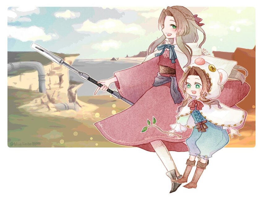 2girls aerith_gainsborough animal_hood black_footwear blue_overalls bluelimbo8888 boots border braid brown_footwear brown_hair capelet child crown_braid dress final_fantasy final_fantasy_vii final_fantasy_vii_rebirth final_fantasy_vii_remake full_body green_eyes hair_ribbon holding holding_staff holding_stick hood hood_up ifalna long_hair moogle mother_and_daughter multiple_girls open_mouth overalls parted_bangs pink_dress puffy_shorts ribbon sash shorts sidelocks smile staff stick waist_sash white_border white_capelet