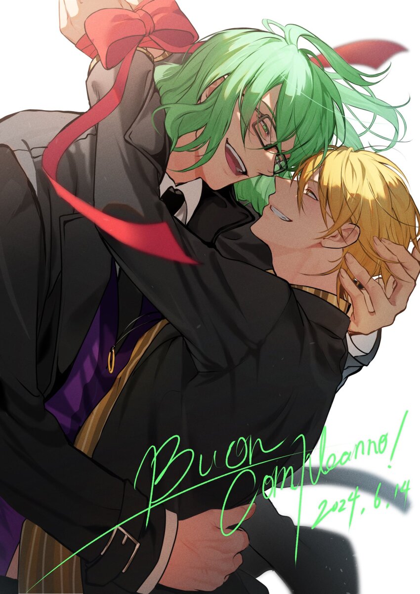 2boys black-framed_eyewear black_coat black_necktie blonde_hair blurry bow character_request coat collared_shirt depth_of_field eye_contact formal_clothes glasses green_eyes green_hair grin hand_on_another&#039;s_head hand_on_another&#039;s_waist highres italian_text looking_at_another lucky_dog_1 male_focus miyamoyan multiple_boys necktie open_clothes open_coat open_mouth red_bow shirt simple_background smile suit teeth upper_body white_background white_shirt yellow_eyes