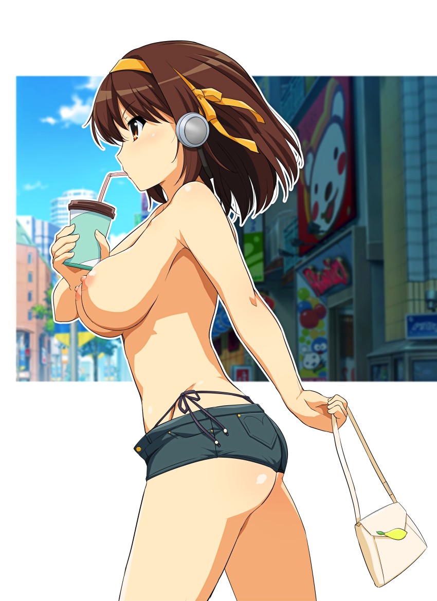 1girl absurdres ass bag behind-the-head_headphones blue_sky blush breasts brown_eyes brown_hair cloud cup day drinking drinking_straw hairband halterneck handbag haruhisky headphones highres large_breasts nipples no_bra panties road shop short_hair short_shorts shorts side-tie_panties sky solo street suzumiya_haruhi suzumiya_haruhi_no_yuuutsu topless_female tree unbuttoned underwear