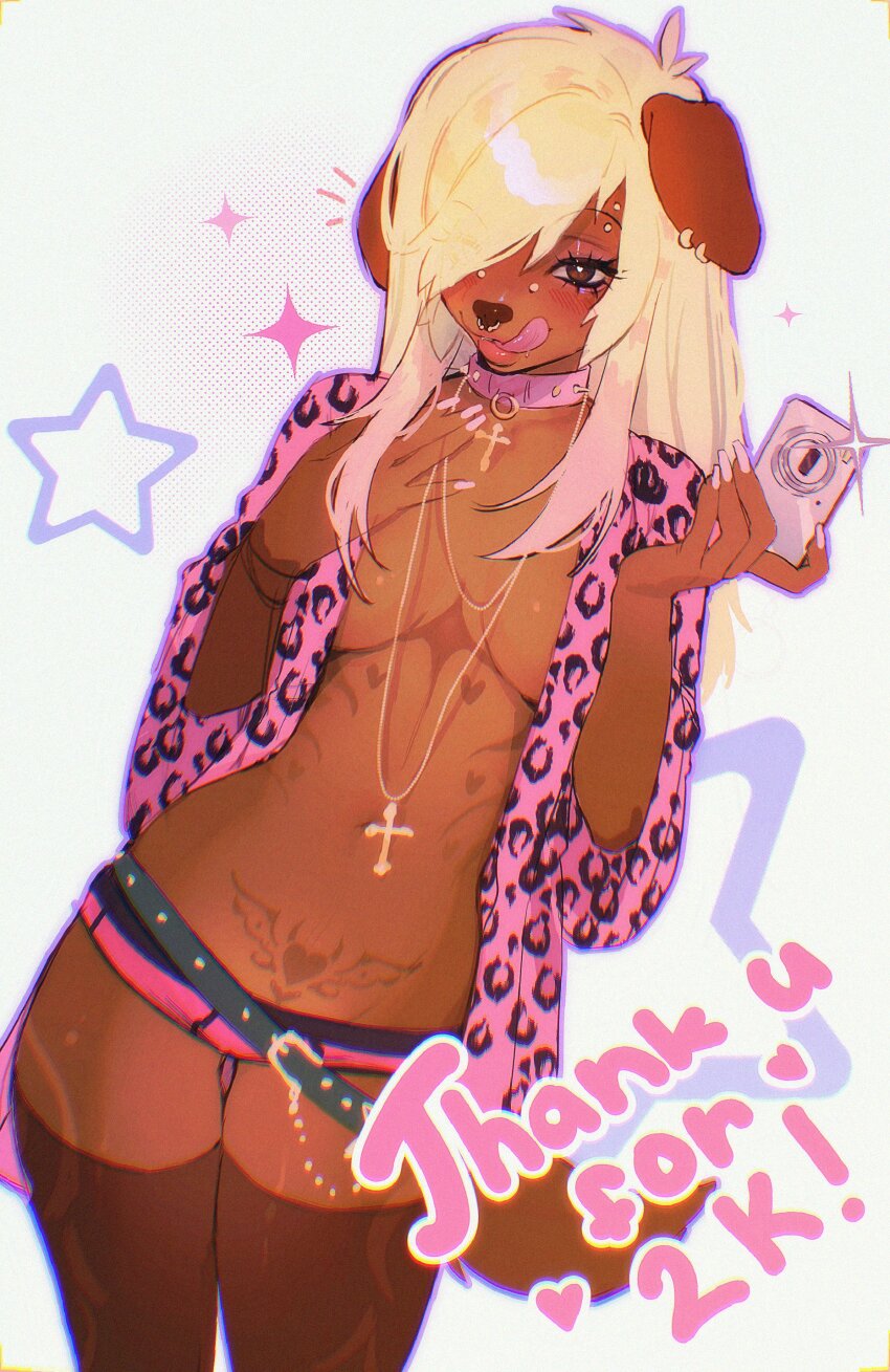 1girl absurdres animal_ear_piercing animal_ears animal_nose animal_print belt blonde_hair breasts bridge_piercing bright_pupils brown_eyes camera choker chromatic_aberration colored_tips commentary cowboy_shot cross cross_choker cross_necklace dark_skin dog_ears dog_girl dutch_angle emo_fashion english_commentary english_text eyebrow_piercing eyelashes face_piercing fingernails floppy_ears four-pointed_star furry furry_female gold_piercing gradient_hair hair_over_one_eye halftone halftone_background hand_on_own_chest heart heart_tattoo highres holding holding_camera jewelry leopard_print licking_lips light_blush long_fingernails long_hair looking_at_viewer loose_belt lowleg lowleg_panties medium_breasts milestone_celebration multicolored_hair nail_polish navel necklace noisykoala nose_piercing nose_ring open_clothes open_robe original outline panties piercing pink_choker pink_hair pink_panties pink_robe pubic_tattoo purple_outline raccoon_tails_(hairstyle) robe scene_fashion see-through_clothes see-through_thighhighs short_sleeves spiked_choker spikes star_(symbol) tattoo thick_lips thighhighs tongue tongue_out two-tone_hair underwear white_background white_pupils