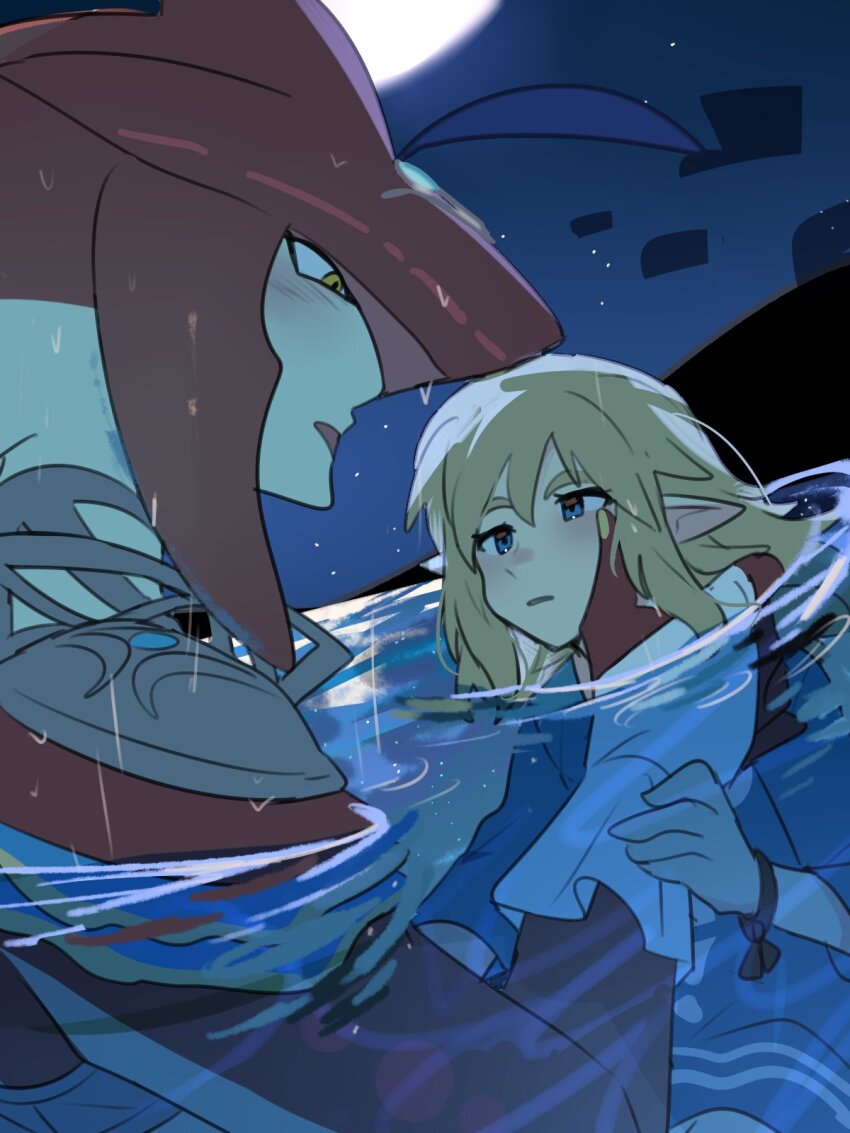 2boys blonde_hair blue_eyes blue_shirt blush eye_contact fish_boy highres link looking_at_another male_focus multiple_boys nintendo pointy_ears shirt sidon suikaels the_legend_of_zelda water wet yaoi yellow_eyes zora