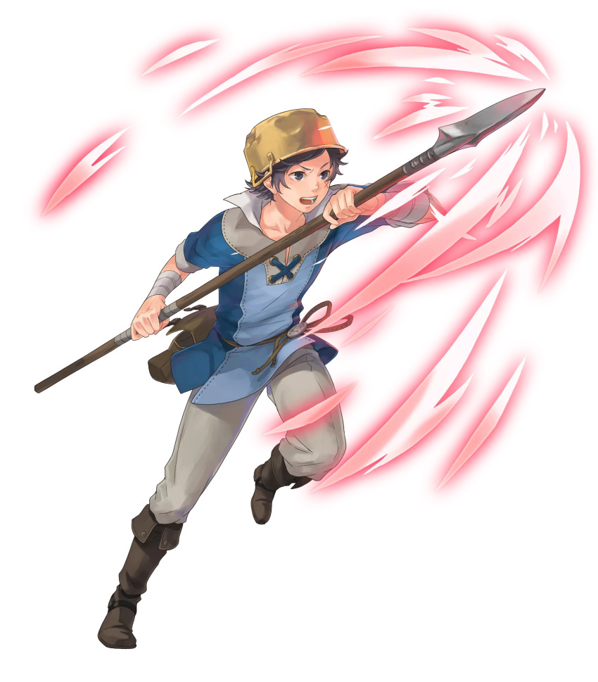 1boy bandaged_wrist bandages black_eyes black_hair blue_shirt boots brown_footwear cross-laced_clothes cross-laced_top cross_scar donnel_(fire_emblem) fire_emblem fire_emblem_awakening fire_emblem_heroes highres leather leather_boots nintendo official_art okaya_mrh pants pot_on_head scar scar_on_face shirt sleeves_rolled_up third-party_source transparent_background