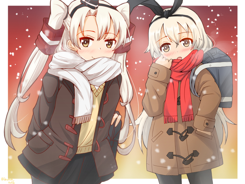 2girls alternate_costume amatsukaze_(kancolle) black_hairband black_legwear blonde_hair brown_coat brown_eyes coat hair_tubes hairband hat highres kantai_collection long_hair long_sleeves mini_hat multiple_girls red_scarf sawatani_(chevalier_04056) scarf shimakaze_(kancolle) smile snowing two_side_up white_hair white_scarf
