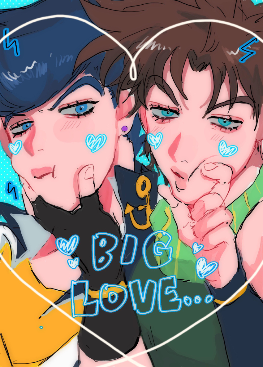 2boys anchor_ornament aqua_background battle_tendency black_jacket black_sleeves blue_eyes blush brown_gloves cheek_squash cleavage_cutout clothing_cutout commentary_request diamond_wa_kudakenai earrings english_text father_and_son fingerless_gloves gakuran gloves green_scarf green_shirt hand_on_another&#039;s_cheek hand_on_another&#039;s_face heart higashikata_josuke highres jacket jewelry jojo_no_kimyou_na_bouken joseph_joestar lightning_bolt_symbol long_sleeves looking_at_another looking_at_viewer male_focus matubaru_chan multicolored_scarf multiple_boys pompadour scarf school_uniform shirt simple_background single_earring sketch sleeveless sleeveless_shirt striped_clothes striped_scarf stud_earrings time_paradox yellow_scarf yellow_shirt