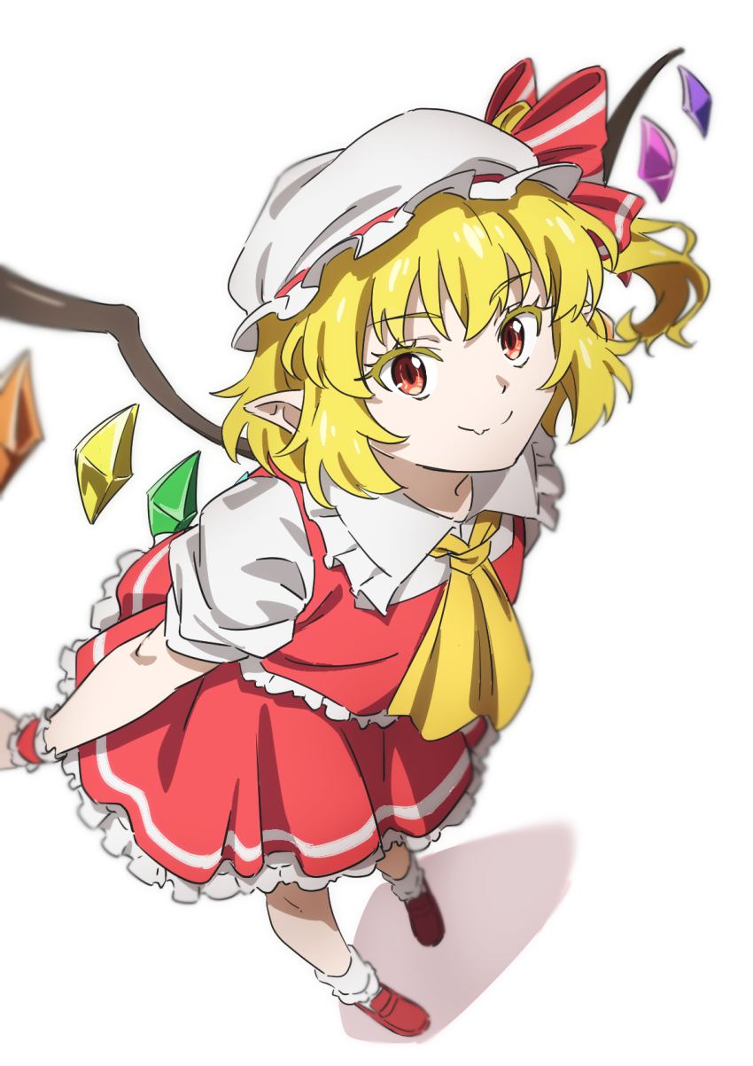 1girl ascot blonde_hair bobby_socks closed_mouth collared_shirt commentary_request crystal_wings fang flandre_scarlet frilled_shirt_collar frilled_skirt frills from_above gyouza_(mhea5724) happy hat hat_ribbon highres loafers medium_hair pointy_ears puffy_short_sleeves puffy_sleeves red_eyes red_ribbon red_shoes red_skirt red_vest ribbon shirt shoes short_sleeves side_ponytail simple_background skirt smile socks solo touhou vest white_background white_socks yellow_ascot