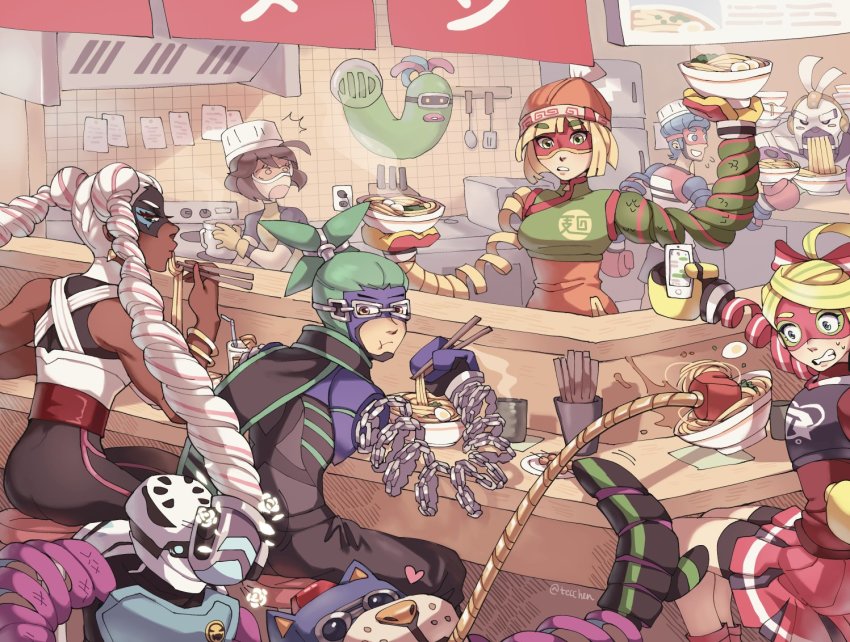 2girls arms_(game) bandages barq bike_shorts blonde_hair blue_eyes blue_hair boxing_gloves brown_eyes chain clenched_teeth dark_skin dna_man_(arms) domino_mask drill_hair food glass goggles green_background green_hair kid_cobra mask master_mummy_(arms) mechanica_(arms) min_min_(arms) monster_boy multicolored_hair multiple_boys multiple_girls ninjara_(arms) noodles pompadour ponytail ramen ribbon ribbon_girl_(arms) robot short_hair shorts shorts_under_skirt slime_boy smile spring_man_(arms) teeth twintelle_(arms) two-tone_hair white_hair