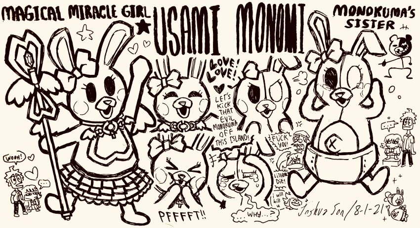 ... ._. absurdres ahoge arm_up beanie bow character_name closed_mouth commentary danganronpa_(series) danganronpa_2:_goodbye_despair dated diaper doodle_inset english_commentary english_text eyelashes full_body greyscale grin hands_on_own_face hat heart heterochromia highres hinata_hajime holding holding_staff josh-s26 monochrome monokuma monomi_(danganronpa) multiple_boys multiple_girls multiple_views nanami_chiaki navel open_mouth owari_akane pants pointing pointy_nose profanity puff_of_air rabbit_girl saionji_hiyoko sharp_teeth shirt signature simple_background skirt smile soda_kazuichi speech_bubble spiked_hair spoken_ellipsis staff standing stick_figure tearing_up teeth usami_(danganronpa) v-shaped_eyebrows white_background