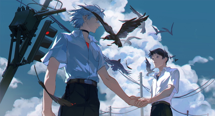 2boys belt belt_buckle bird black_bird black_choker black_pants blue_eyes blue_shirt blue_sky brown_belt brown_hair buckle chinese_commentary choker closed_mouth cloud cloudy_sky commentary_request crow cumulonimbus_cloud falling_feathers feathers highres holding_hands ikari_shinji listencareful male_focus multiple_boys nagisa_kaworu neon_genesis_evangelion open_collar orange_shirt pants power_lines red_eyes school_uniform shirt shirt_tucked_in short_sleeves sky standing tokyo-3_middle_school_uniform utility_pole white_hair white_shirt wing_collar