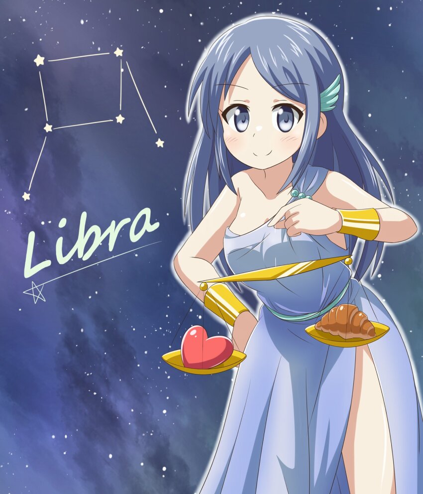 1girl alternate_costume bare_arms bare_shoulders bracer closed_mouth collarbone constellation croissant dot_nose english_text female_focus food heart highres koisuru_asteroid long_hair nanog_eb1994 no_bra outdoors purple_eyes purple_hair scales smile solo standing star_(symbol) suzuya_moe