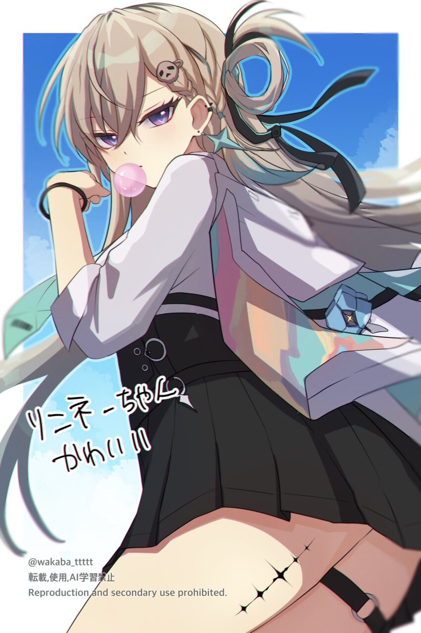 0roshioji3ran 1girl black_ribbon black_skirt blonde_hair blowing_bubble_gum chewing_gum commentary_request ear_piercing earrings from_side hair_between_eyes hair_ornament hair_ribbon high-waist_skirt highres jacket jacket_on_shoulders jewelry long_hair looking_at_viewer looking_to_the_side lynae_(wuthering_waves) multicolored_hair o-ring o-ring_thigh_strap piercing purple_eyes ribbon shirt shirt_tucked_in skirt skull_hair_ornament solo star_(symbol) star_earrings streaked_hair tacet_mark_(wuthering_waves) thigh_strap translation_request watermark white_jacket white_shirt wuthering_waves