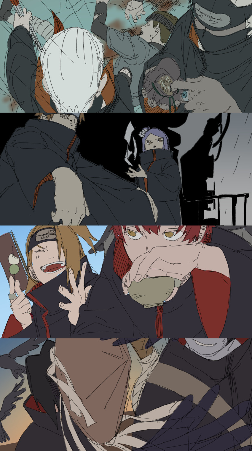 1girl 6+girls absurdres akatsuki_uniform bag bird black_cloak black_hair blonde_hair blood blue_hair blue_skin brown_hat cloak coin colored_skin crow cup death deidara_(naruto) forehead_protector hat hidan_(naruto) highres holding holding_cup hoshigaki_kisame jewelry kakuzu_(naruto) konan_(naruto) multiple_girls naruto_(series) naruto_shippuuden orange_hair pain_(naruto) pnpk_1013 red_hair ring sasori_(naruto) uchiha_itachi white_hair