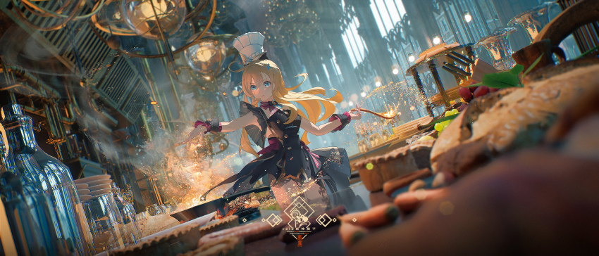 1girl absurdres bare_shoulders black_dress blonde_hair blue_eyes bottle bread chef chef_hat commentary_request cooking cowlick dress dutch_angle escoffier_(genshin_impact) food fruit genshin_impact hair_ornament hat heart heart_in_eye highres holding holding_ladle indoors ladle plate solo standing symbol_in_eye tiered_tray void_0 white_hat wide_shot x_hair_ornament
