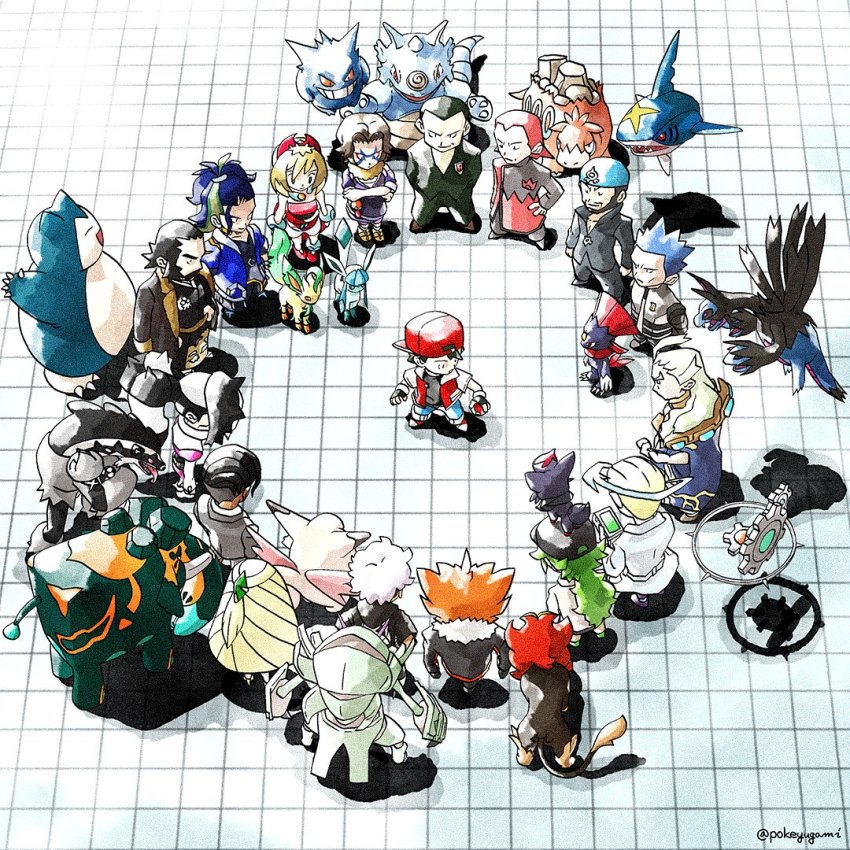 3girls 6+boys adaman_(pokemon) aether_foundation ahoge anklet archie_(pokemon) bandana black_hair black_jacket black_pants black_shirt blonde_hair blouse blue_bandana blue_coat blue_hair brown_footwear camerupt charm_(pokemon) clefable closed_mouth coat collarbone collared_shirt colress_(pokemon) commentary_request copperajah crossed_arms cyrus_(pokemon) facial_hair from_above fur-trimmed_jacket fur_trim gen_1_pokemon gen_3_pokemon gen_4_pokemon gen_5_pokemon gen_6_pokemon gen_7_pokemon gen_8_pokemon gengar ghetsis_(pokemon) giovanni_(pokemon) glaceon golisopod green_hair grey_jacket guzma_(pokemon) hairband hat hydreigon irida_(pokemon) jacket jewelry kamado_(pokemon) klinklang lab_coat leafeon logo long_hair lysandre_(pokemon) maxie_(pokemon) multicolored_hair multiple_boys multiple_girls n_(pokemon) nintendo obstagoon on_head pants piers_(pokemon) pokemon pokemon_(creature) pokemon_bw pokemon_bw2 pokemon_dppt pokemon_legends:_arceus pokemon_on_head pokemon_rgby pokemon_rse pokemon_sm pokemon_swsh pokemon_xy pokeyugami popped_collar pyroar pyroar_(male) red_(pokemon) red_footwear red_hair red_hairband retro_artstyle rhydon rose_(pokemon) sharpedo shirt shoes short_hair shorts snorlax spiked_hair standing team_aqua team_galactic team_magma team_plasma team_rocket team_skull tile_floor tiles twitter_username two-tone_hair undercut vest weavile white_hair white_shirt white_shorts zorua