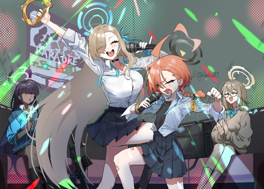 4girls :o ^_^ ahoge akane_(blue_archive) akane_(school_uniform)_(blue_archive) asuna_(blue_archive) asuna_(school_uniform)_(blue_archive) asymmetrical_bangs bandaid bandaid_on_knee bandaid_on_leg black-framed_eyewear black_choker black_hair black_skirt black_undershirt blue_archive blue_cardigan blush bracelet braid breasts brown_cardigan brown_hair button_gap cardigan choker clapping cleavage closed_eyes commentary_request earrings fang fingernails glasses hair_over_one_eye halo highres holding holding_instrument huge_ahoge instrument jewelry jjigong_chigon karaoke karin_(blue_archive) karin_(school_uniform)_(blue_archive) large_breasts long_hair microphone mole mole_on_breast mole_under_eye multiple_girls music nail_polish neck_ribbon neru_(blue_archive) neru_(school_uniform)_(blue_archive) orange_hair pinky_out pleated_skirt revision ribbon school_uniform shirt shirt_tucked_in short_hair singing single_braid skirt smile straight_hair stud_earrings sweat tambourine textless_version twitter_username undone_neck_ribbon very_long_hair white_shirt