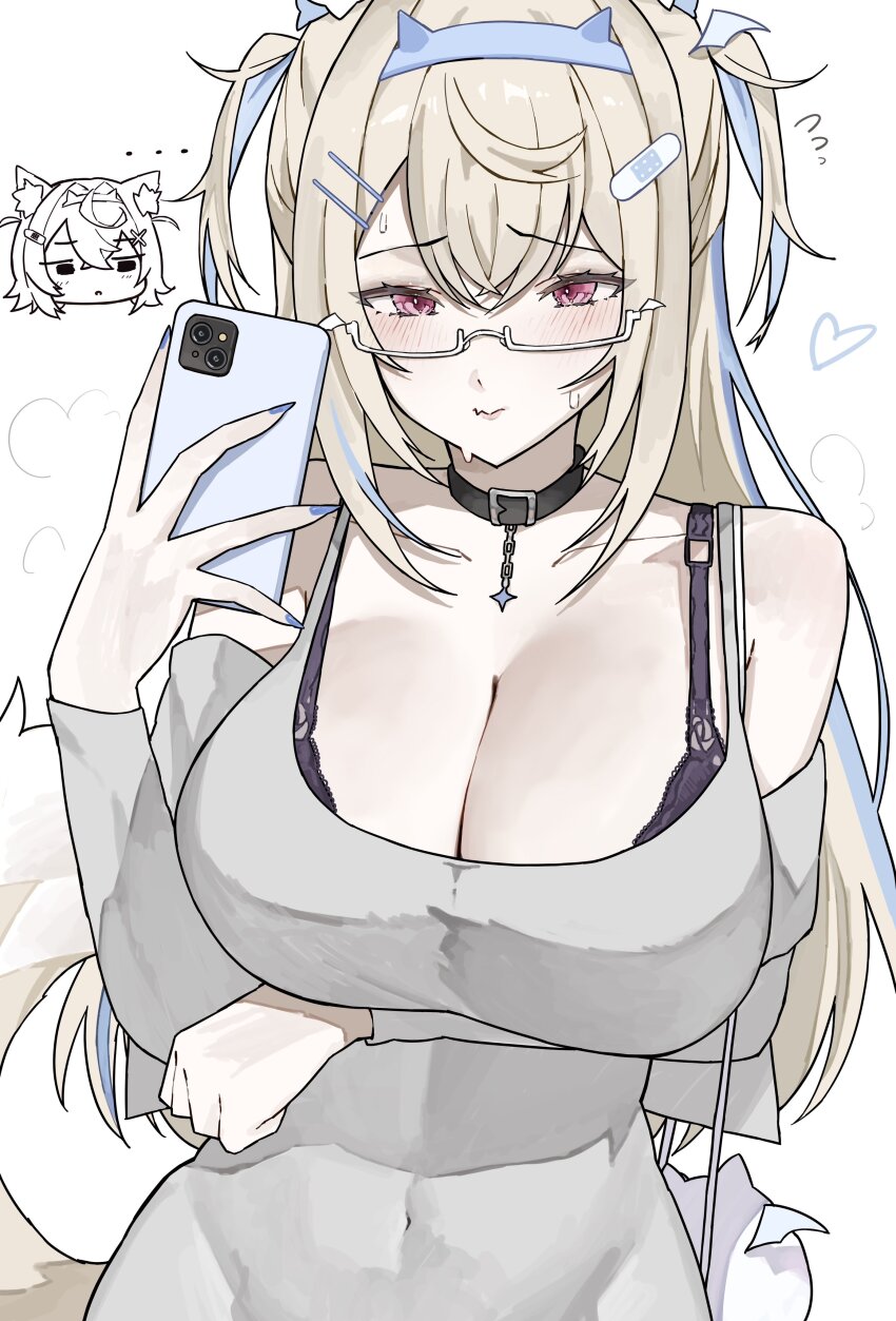 2girls absurdres black_bra bra bra_strap breasts collar ewn flying_sweatdrops fuwawa_abyssgard highres holding holding_phone hololive hololive_english large_breasts long_hair mirror_selfie mococo_abyssgard multicolored_hair multiple_girls phone red_eyes selfie semi-rimless_eyewear streaked_hair sweatdrop unamused underwear white-framed_eyewear white_background
