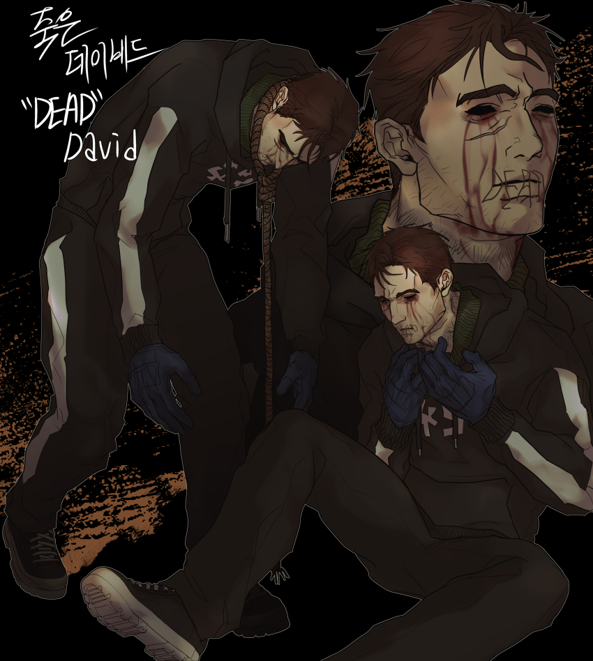 1boy absurdres afraid_of_monsters bags_under_eyes beard_stubble black_hoodie blood blood_on_face bloody_tears brown_hair david_leatherhoff empty_eyes english_text facial_hair full_body hands_on_own_neck highres hood hoodie ju-san korean_text leaning_forward male_focus messy_hair multiple_views noose_necktie on_ground outstretched_arms outstretched_legs print_hoodie scar scar_on_face short_hair stitched_mouth stitches stubble the_addiction_(afraid_of_monsters) turtleneck