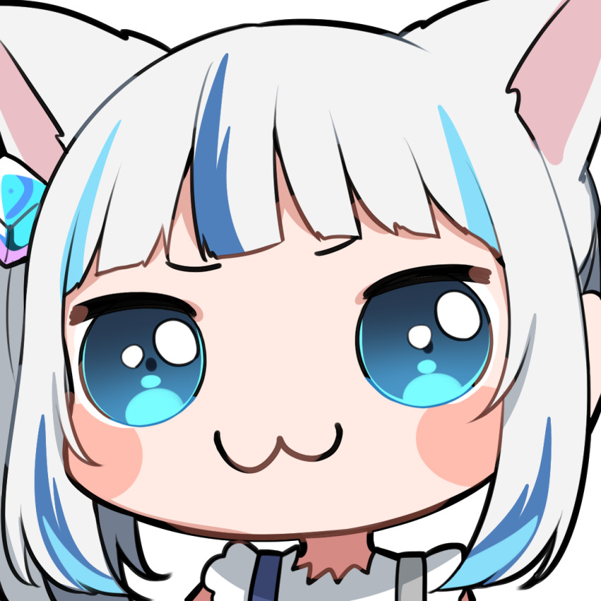 1girl :3 animal_ears artist_request bad_link blue_eyes blue_hair blunt_bangs blush_stickers cat_ears chibi cube_hair_ornament gawr_gura gawr_gura_(casual) hair_ornament hololive hololive_english multicolored_hair official_art one_side_up portrait shirt solo streaked_hair suspenders transparent_background virtual_youtuber white_hair white_shirt