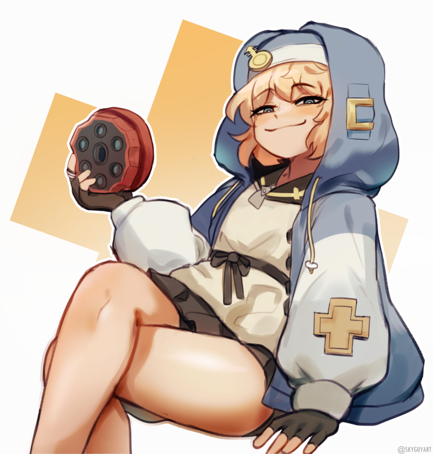 1boy androgyne_symbol arm_support bare_legs bike_shorts black_gloves black_ribbon blonde_hair blue_eyes blue_jacket blush bridget_(guilty_gear) closed_mouth commentary cross crossdressing crossed_legs english_commentary fingerless_gloves gloves guilty_gear guilty_gear_strive habit half-closed_eyes highres hood hood_up hoodie invisible_chair jacket long_sleeves looking_at_viewer male_focus medium_hair meme pleated_skirt ribbon simple_background sitting skirt sky_guy_art smile smug trap yo-yo