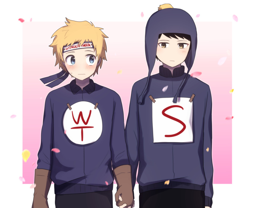 2boys animification black_hair blonde_hair blue_eyes blush chullo craig_tucker falling_petals gloves headband holding_hands jacket long_sleeves looking_at_another looking_to_the_side multiple_boys paper petals south_park south_park:_the_fractured_but_whole super_craig tohachi tweek_tweak wonder_tweek yaoi yellow_eyes