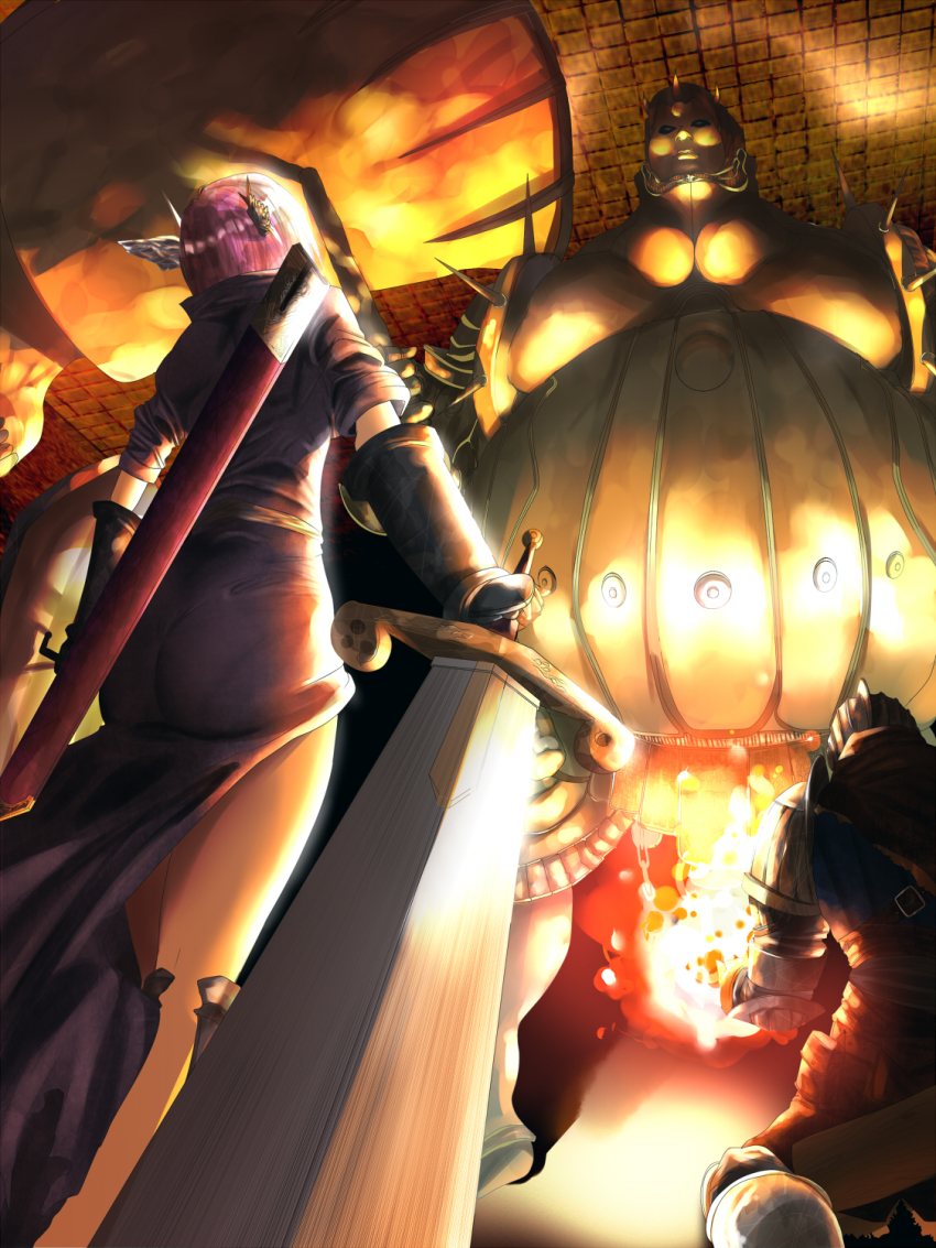 1girl armor ass chosen_undead dark_souls_(series) dark_souls_i executioner_smough fire fromsoftware gauntlets hammer head_wings highres huge_weapon pantylines pink_hair puu_maru sheath short_hair sword weapon wings