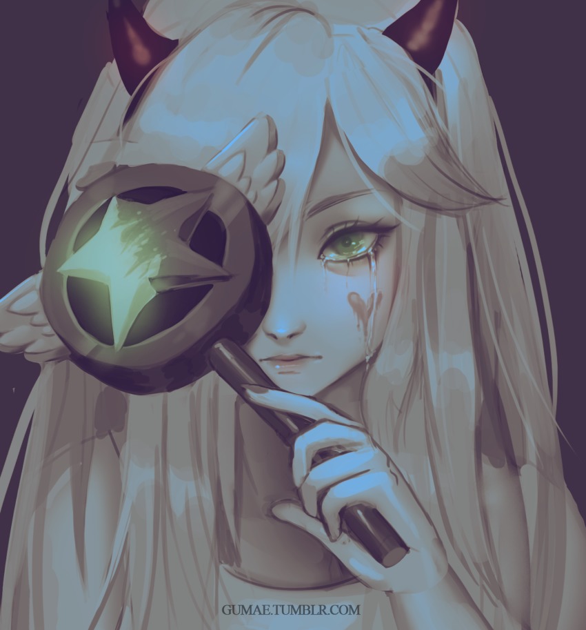 1girl blonde_hair crying facial_mark female_focus green_eyes gumae heart_cheeks highres horns lips one_eye_covered solo star_(symbol) star_butterfly star_vs_the_forces_of_evil streaming_tears tears wand watermark web_address