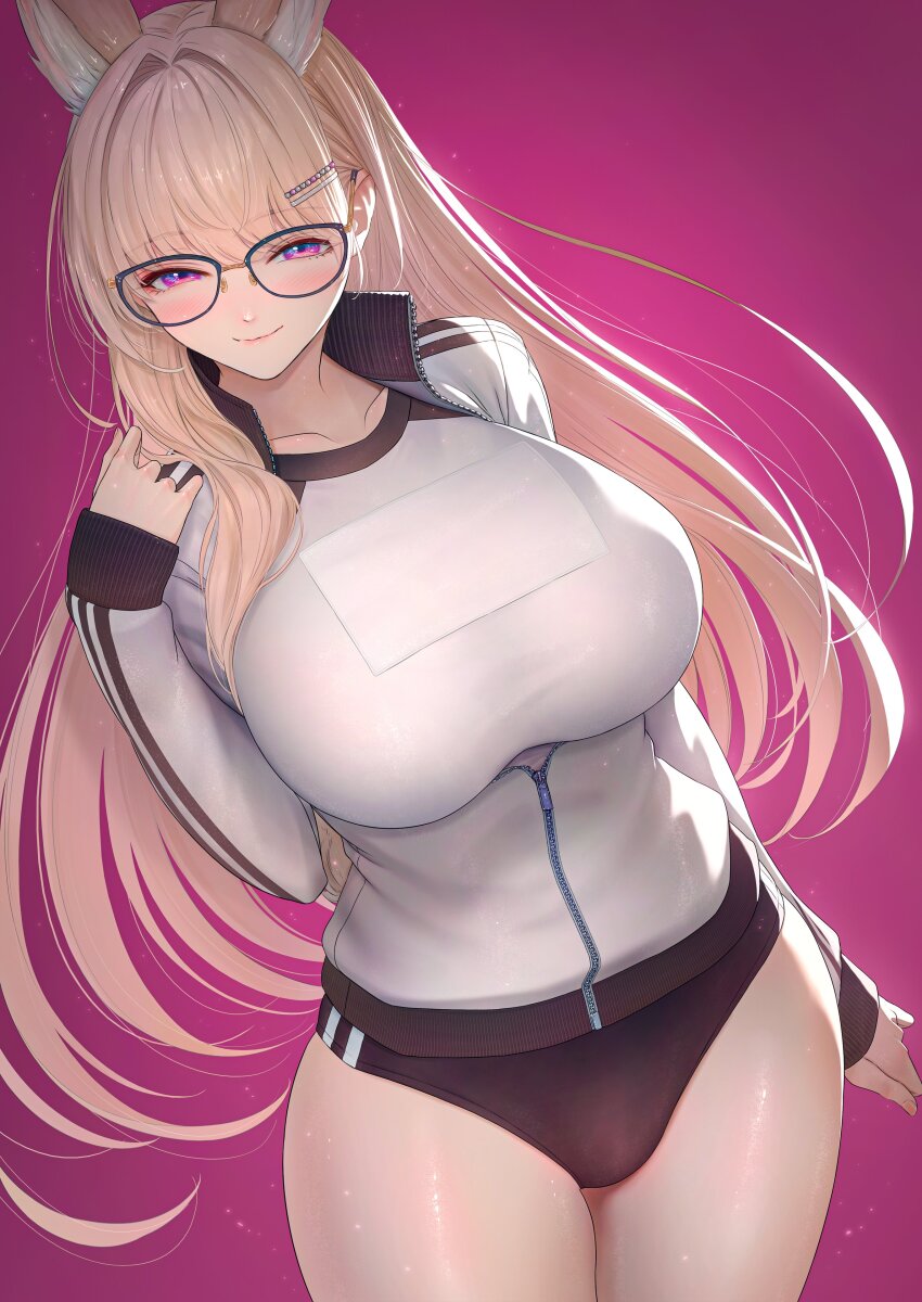 1girl absurdres animal_ears black_buruma breasts brown_hair buruma character_request closed_mouth collarbone copyright_request glasses gym_uniform hair_ornament highres imizu_(nitro_unknown) jacket large_breasts long_hair long_sleeves pink_background purple_eyes shirt solo track_jacket white_jacket white_shirt