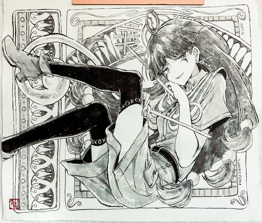 1girl ancient_egyptian ankle_boots artist_name belt belt_buckle blunt_bangs boots buckle commentary_request earrings fingernails foot_out_of_frame greyscale hisona_(suaritesumi) holding jewelry long_hair looking_at_viewer mark_under_eye michigami_nareko monochrome photo_(medium) seal_impression shirt short_sleeves shorts solo thighhighs touhou traditional_media