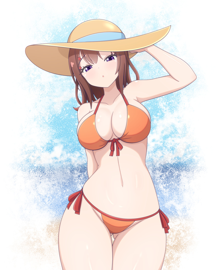 1girl bang_dream! bikini breasts brown_hair brown_hat cowboy_shot front-tie_bikini_top front-tie_top gluteal_fold hat highres large_breasts looking_at_viewer orange_bikini purple_eyes ren_0_(044ren) short_hair side-tie_bikini_bottom solo sun_hat swimsuit thigh_gap toyama_kasumi