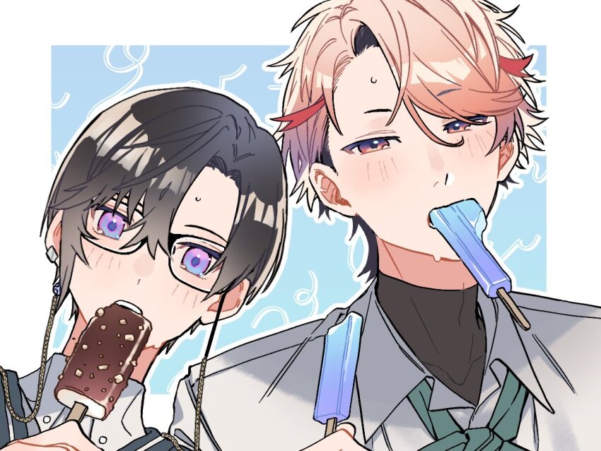 2boys black-framed_eyewear black_hair black_shirt black_sweater blue_background blue_eyes border collared_shirt commentary_request ear_piercing eyewear_strap food food_in_mouth glasses green_necktie grey_shirt hair_between_eyes hand_up holding holding_food holding_popsicle kaburagi_(pnoir087) looking_at_viewer male_focus mouth_hold multicolored_eyes multicolored_hair multiple_boys necktie nijisanji official_alternate_costume outside_border parted_bangs piercing pink_hair popsicle popsicle_in_mouth purple_eyes red_eyes red_hair school_uniform seraph_dazzlegarden seraph_dazzlegarden_(school_uniform) shikinagi_akira shikinagi_akira_(school_uniform) shirt short_hair streaked_hair sweat sweater swept_bangs turtleneck upper_body virtual_youtuber white_border wing_collar